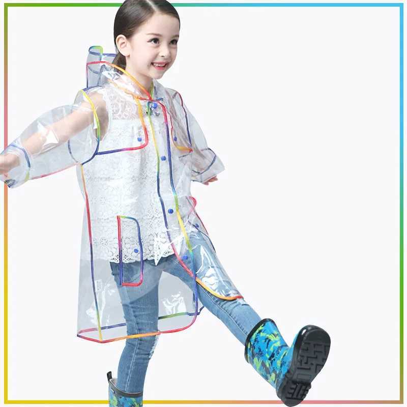 Transparent Rainbow Edge Kids Raincoat Waterproof EVA Children Rain Coat Windproof Rain Jacket Poncho Hat Kindergarden Rain Gear Y240813