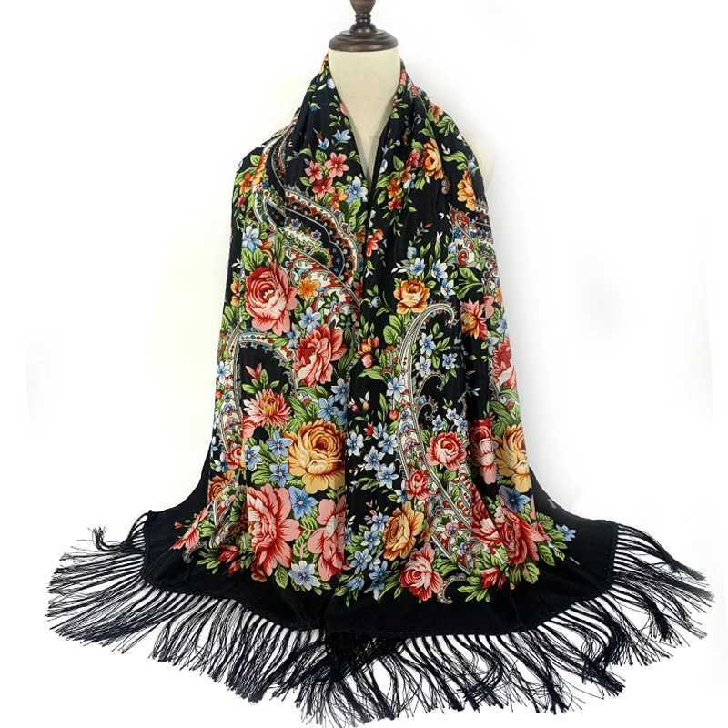 Russian national scarf womens floral print Bandana shawl ethnic edge handmade headscarf Babushka headscarf bag Pashmina W240810
