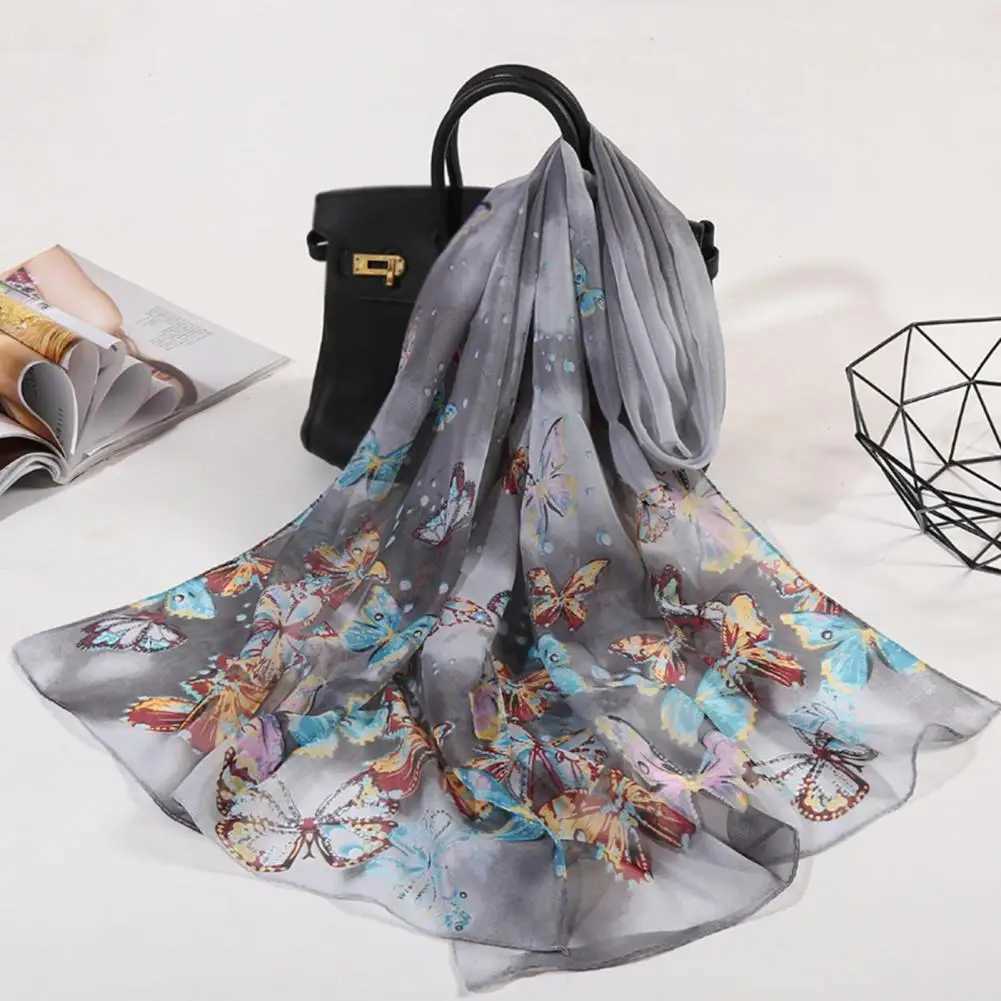 Fashionable synthetic silk scarf colorful chiffon shawl breathable summer butterfly printed long shawl packaged dress W240810