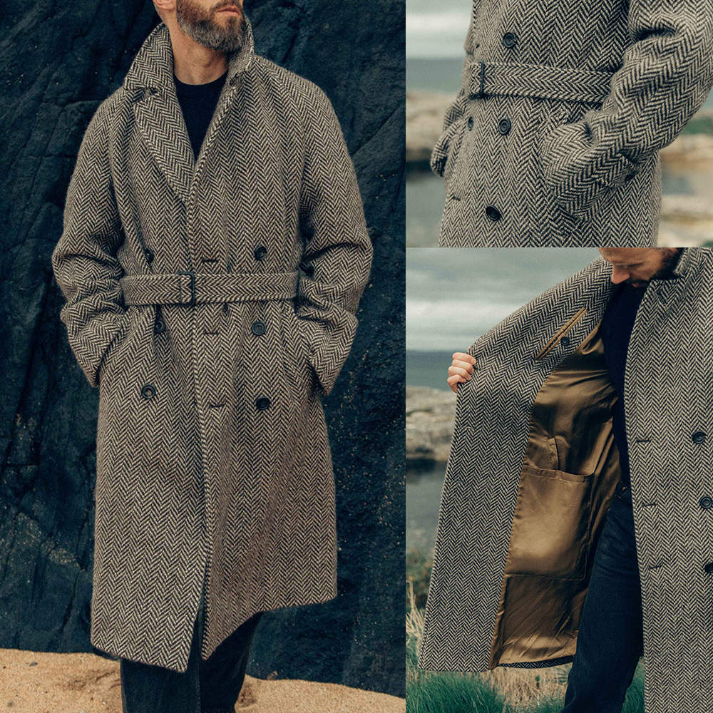 Men's Wool Blend Coat Vintage Notched Lapel Blazer Tailored Harringbone Jacket Autumn Winter Windbreaker Custom Made Plus Size