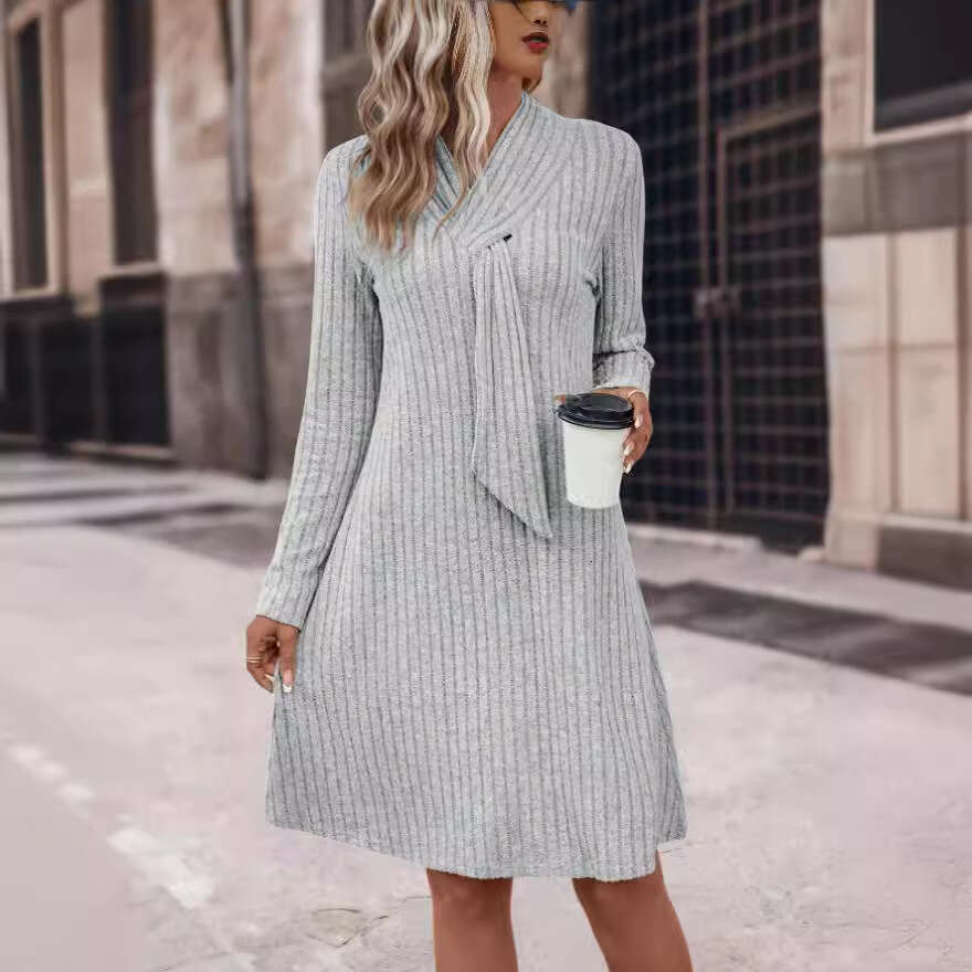 Womens Tiktok2024 Temperament Casual Solid Color Knitted Long Sleeved Dress Polka Point Chiffon Long Sleeve Dress Sexy Dress Temperament Novelty Silk 