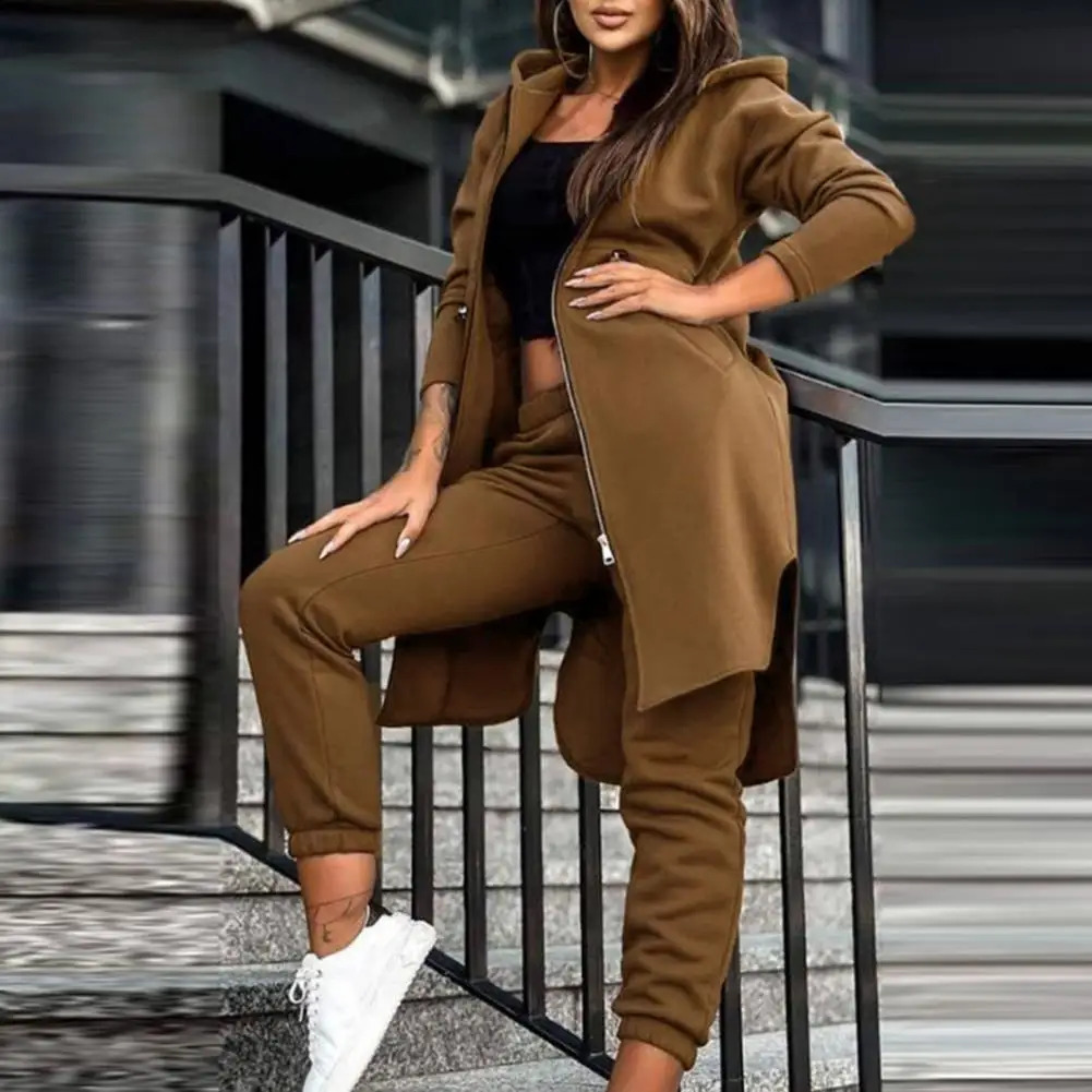 Pants Set Women Tracksuit Zipper Hooded Coat Hoodies Pant Sets Elastic Waist Trousers Straight Long Sleeve Tracksuit Sport 240812