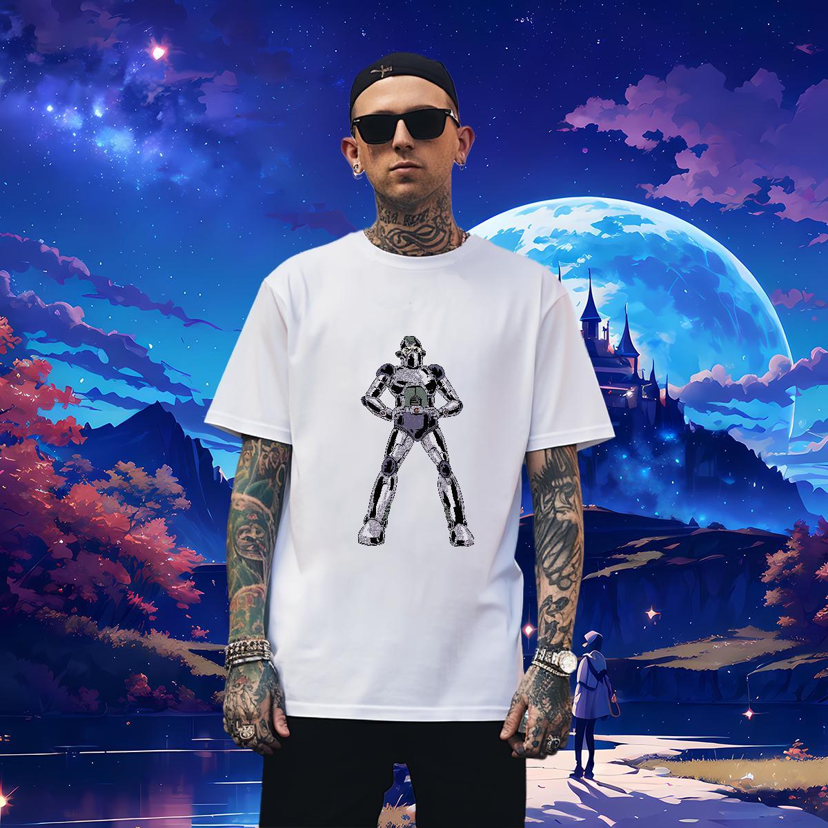 TOP Quality Men Tshirts robot 100% Cotton 230g Street Crew Neck Breathable T-Shirts Black Oversized New Arrival Top Tees