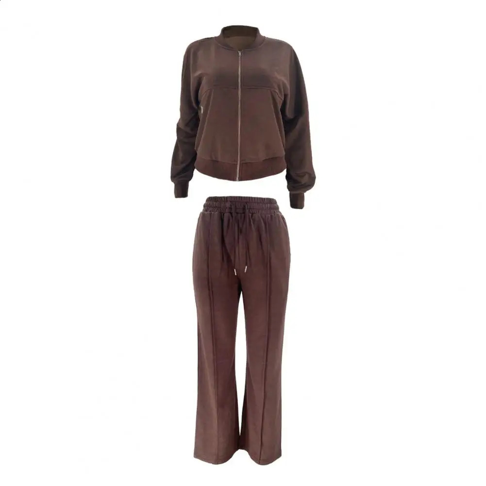 Women Loose Fit Suit Womens 2-piece Tracksuit Set with Stand Collar Coat Wide Leg Pants Solid Color Zipper Closure for Casual 240812