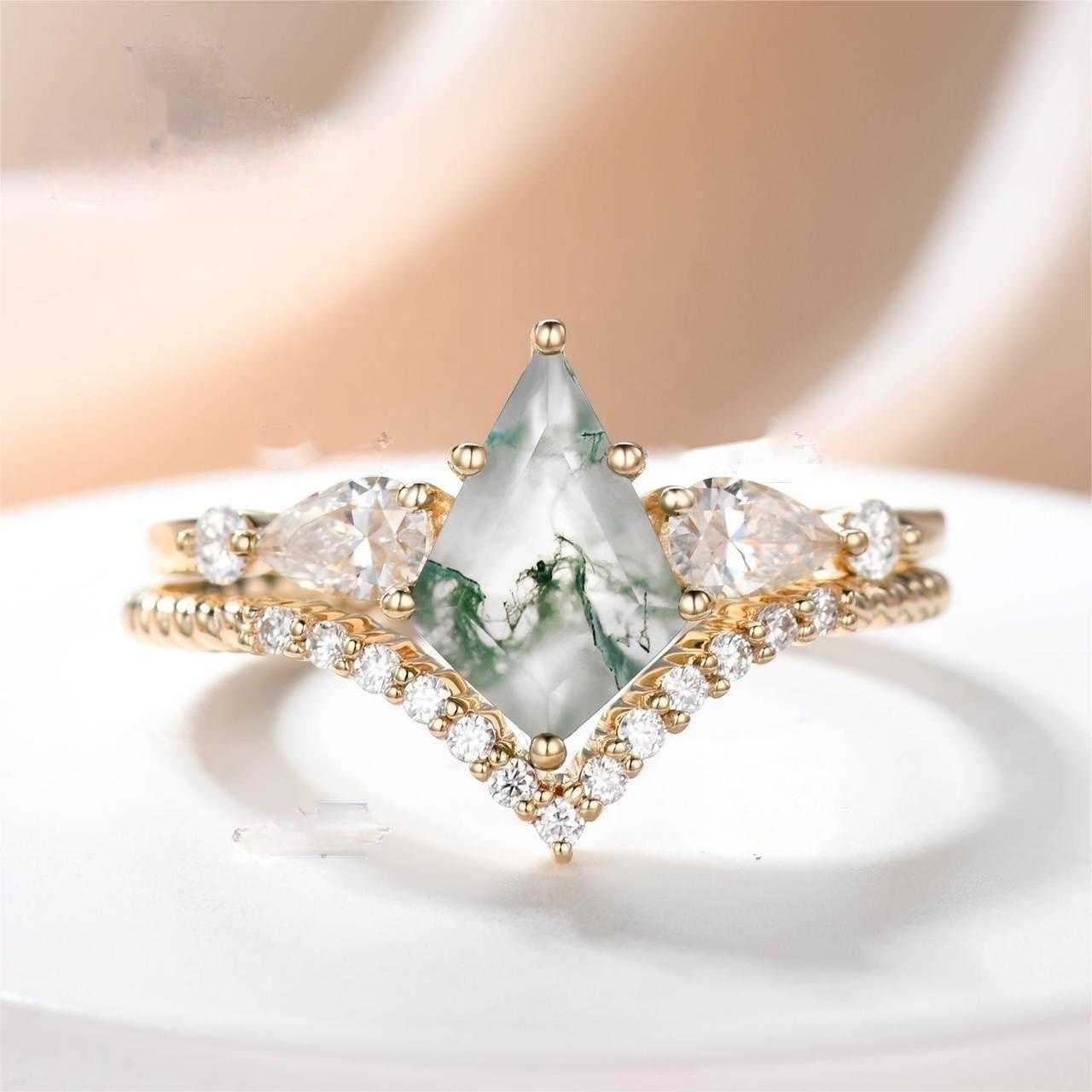 Fine Moissanite Ring 14K Rose Solid Gold Gemstone Ring 14K Solid Gold Kite Shape Natural Moss Agate Ring Set