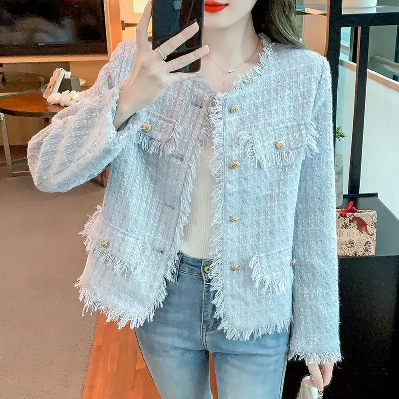 Light blue tweed tassel short jacket spring and autumn womens clothing jacket 240812