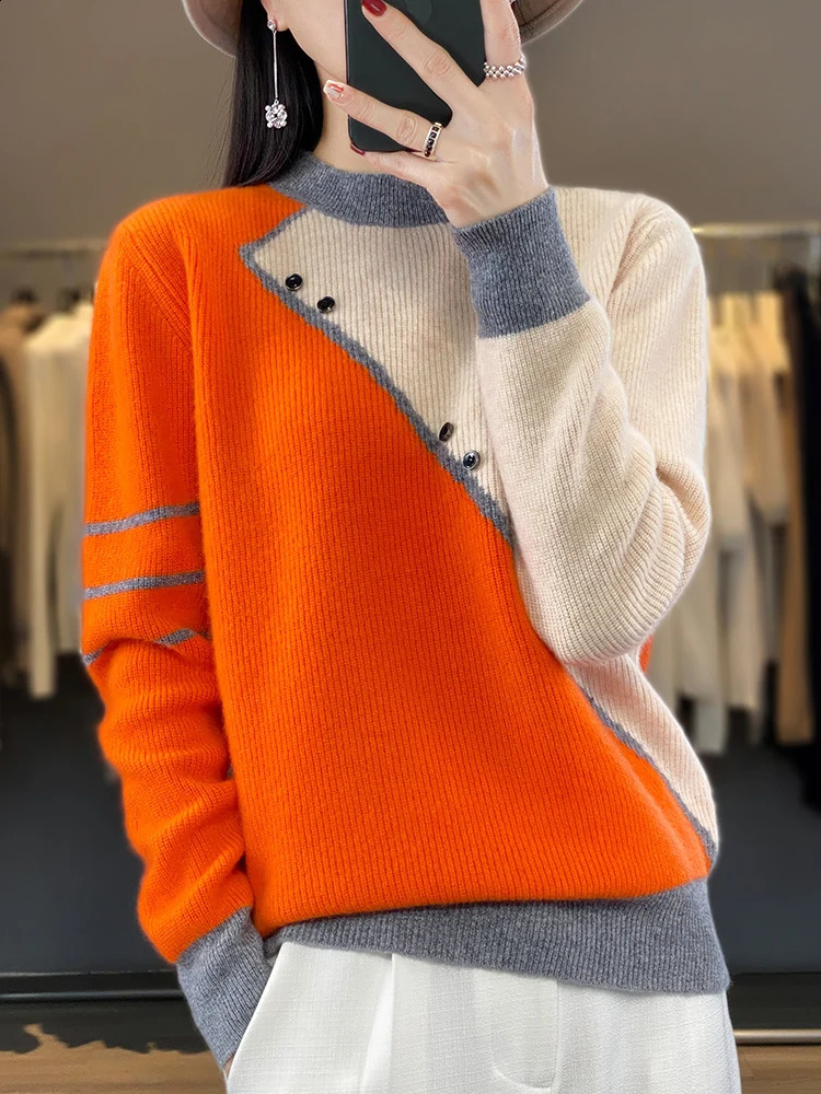 Autumn Winter 100% Wool Knitted Pullover Women O-Neck Color Match Sweater Long Sleeve Shirt Fashion Loose Warm Thick Tops 240812