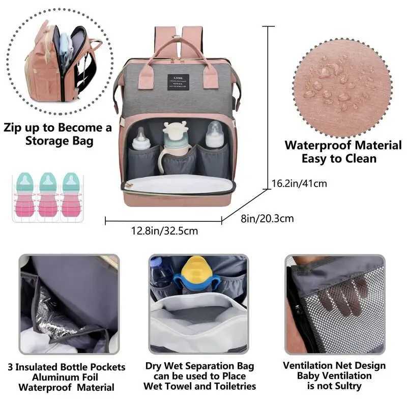 Mommy Baby Diaper Bag Backpack Replacement Pad Sunshade Mosquito Net Wet Dry Carry USB Charging Port Cart Hanging Bag W240812
