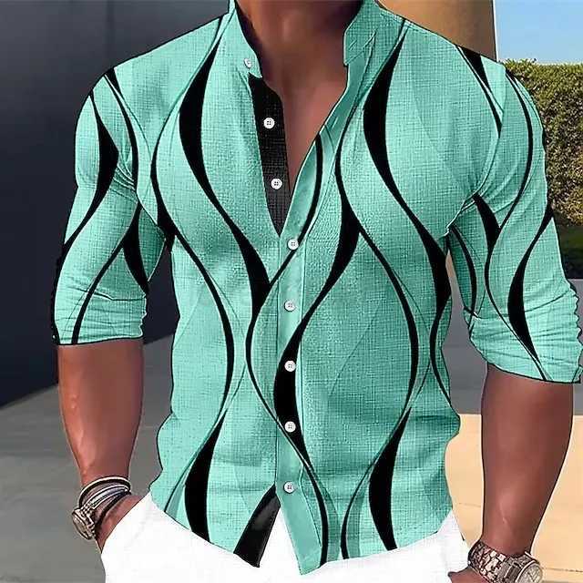 Summer new plus-size mens casual slim fashion 3D printed long-sleeved shirt mens shirtXJ240812