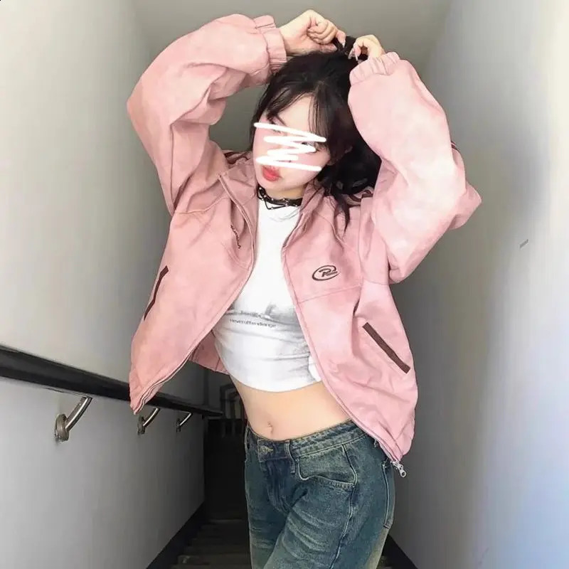 Bombers Coat Woman Hip Hop High Street Racing Bomber Varsity Leather Jacket Vintage Motorcycle Pink Leather Jacket Femme 240812
