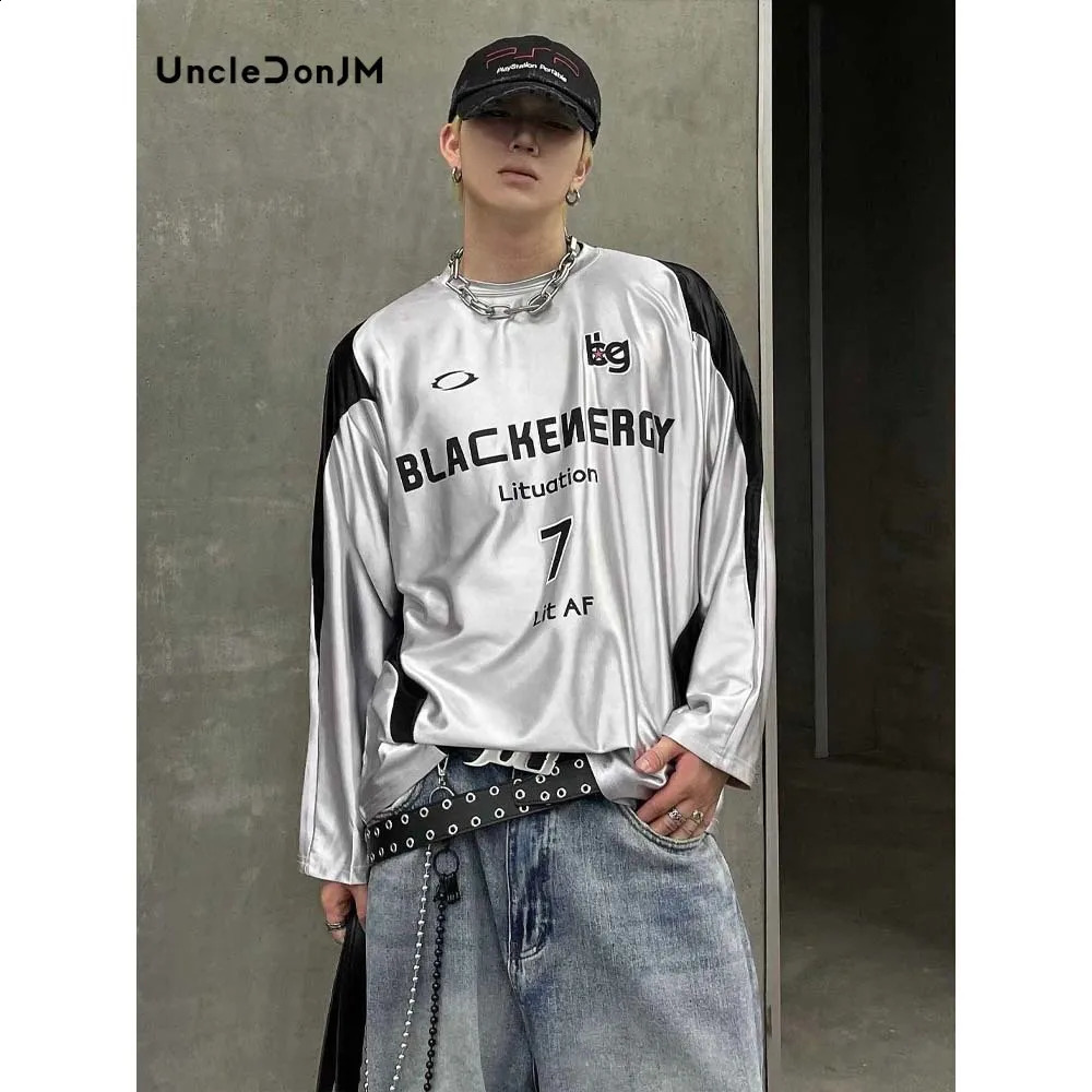 Liquid Silver Splicing Contrasting Letters Loose Long-sleeved T-shirt American Casual Street Wear Sports Top T Shirt 240807