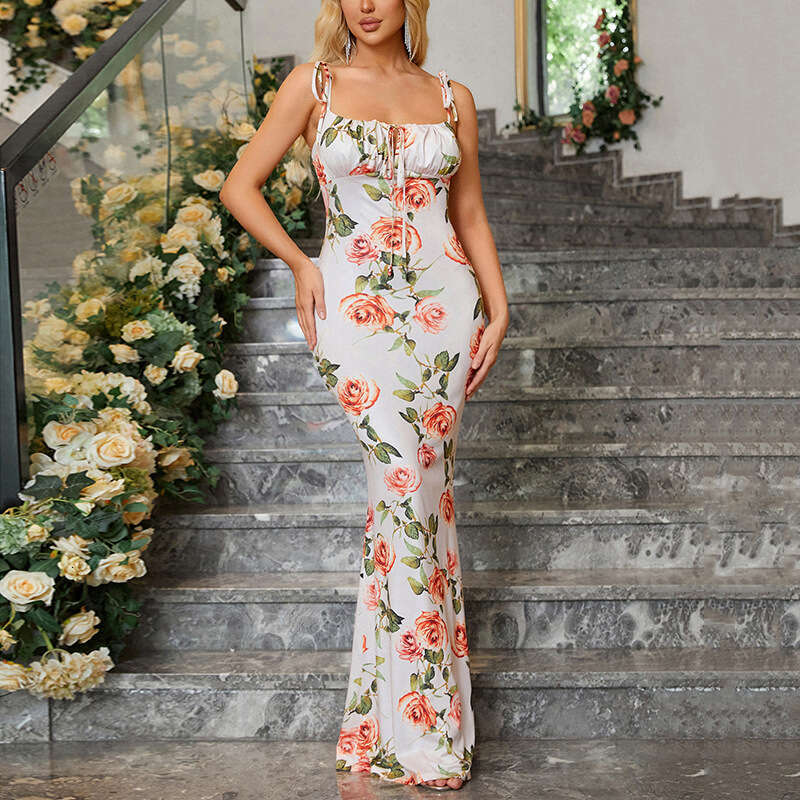 Non-ironing Fashion Leisure Time 2024 Tiktok Summer Womens Bohemian Sleeveless Noodle Lace Fold Long Dress Chiffon Floral Dress Waist Short BOHO DRESS