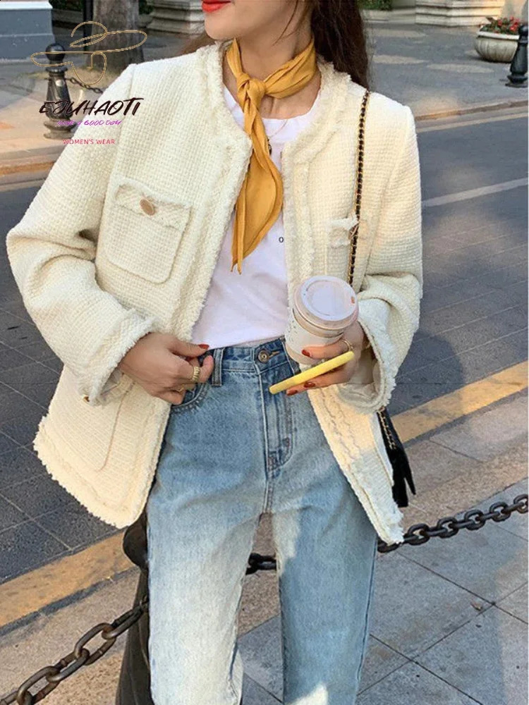 Womens Jacket Small Fragrance Coat In Autumn Winter Korean Fashion O-Neck Tweed Vintage Outerwear Loose All-match Tops 240812