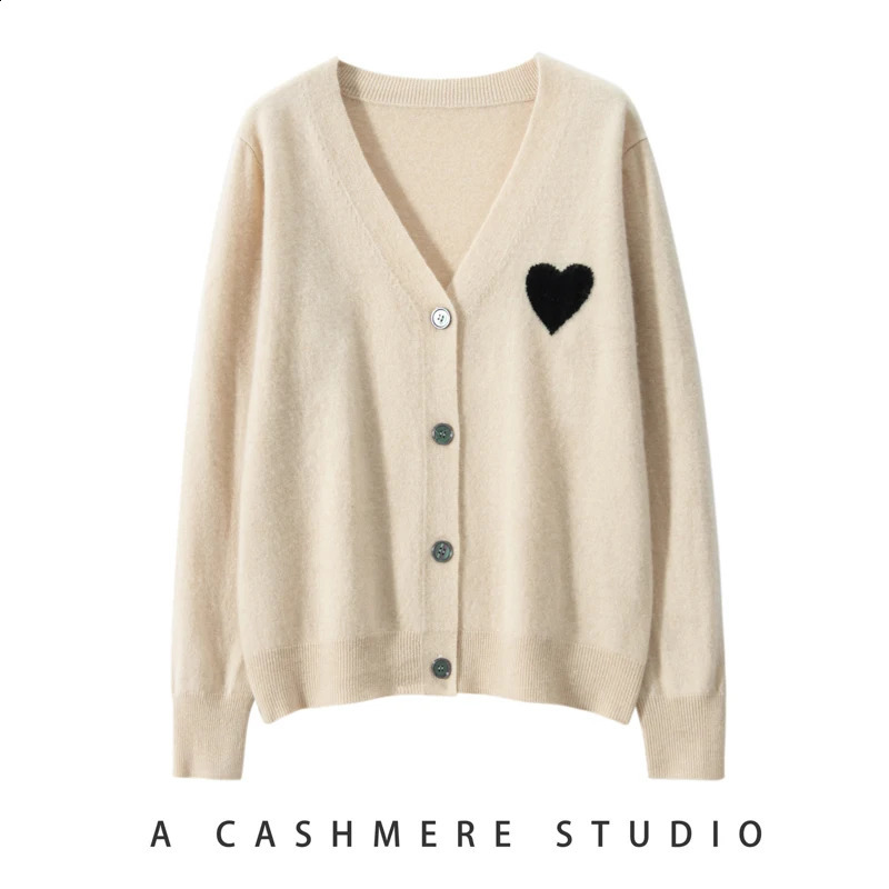 Spring Womens V-neck Cardigan Preppy Style 100% Cashmere Sweater Heart Embroidery Cashmere Knitwear Korean Clothes 240812