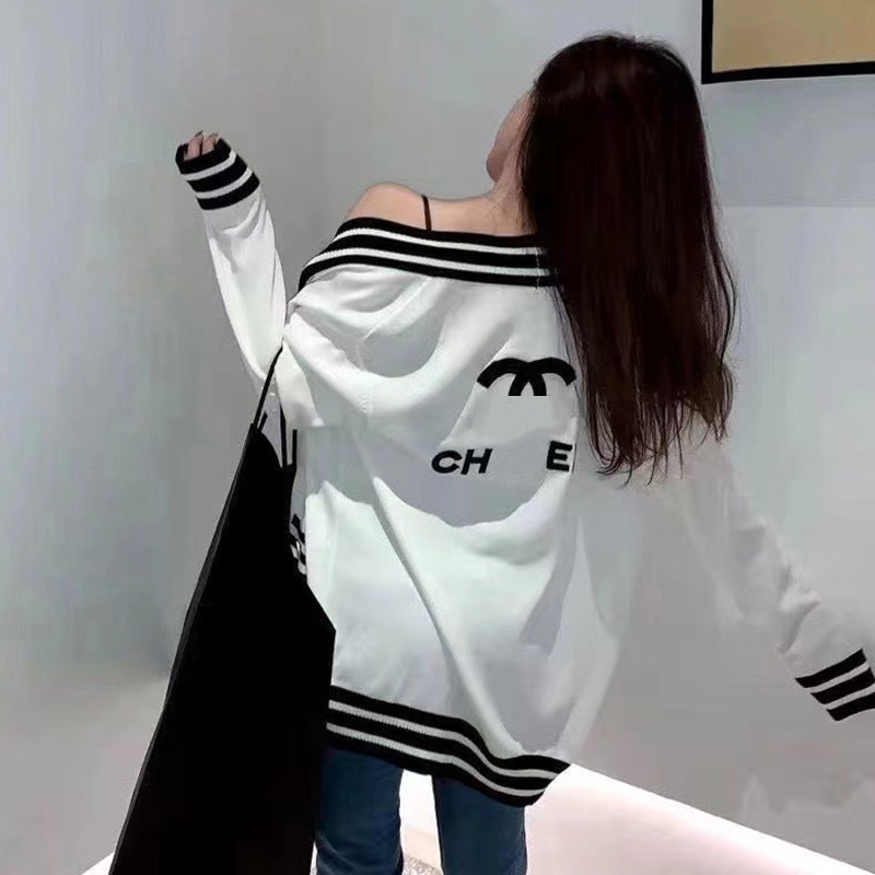 Autumn High Quality Women's Knitted Cardigan Sweater Jacket, Designer Fashion Embroidered Lettered Women's Sweater, Black & White