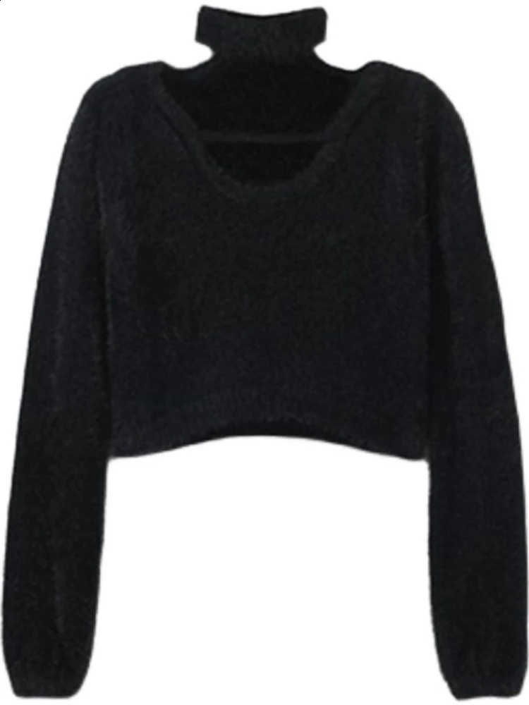 HOUZHOU Black Sexy Sweater Women High Street Hollow Out Cropp Tops Slim Chic Knitted Pullover Korean Fashion Long Sleeve Sweater 240812