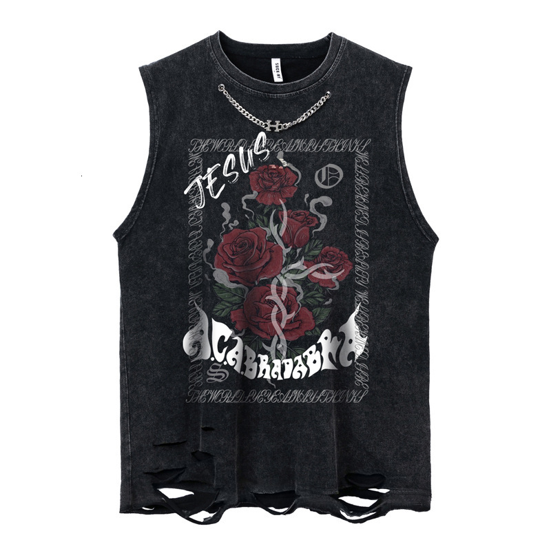 Mens American High Street Washed Distressed Floral Tank Top Mens Ins Loose Hip-hop Sleeveless T-shirt