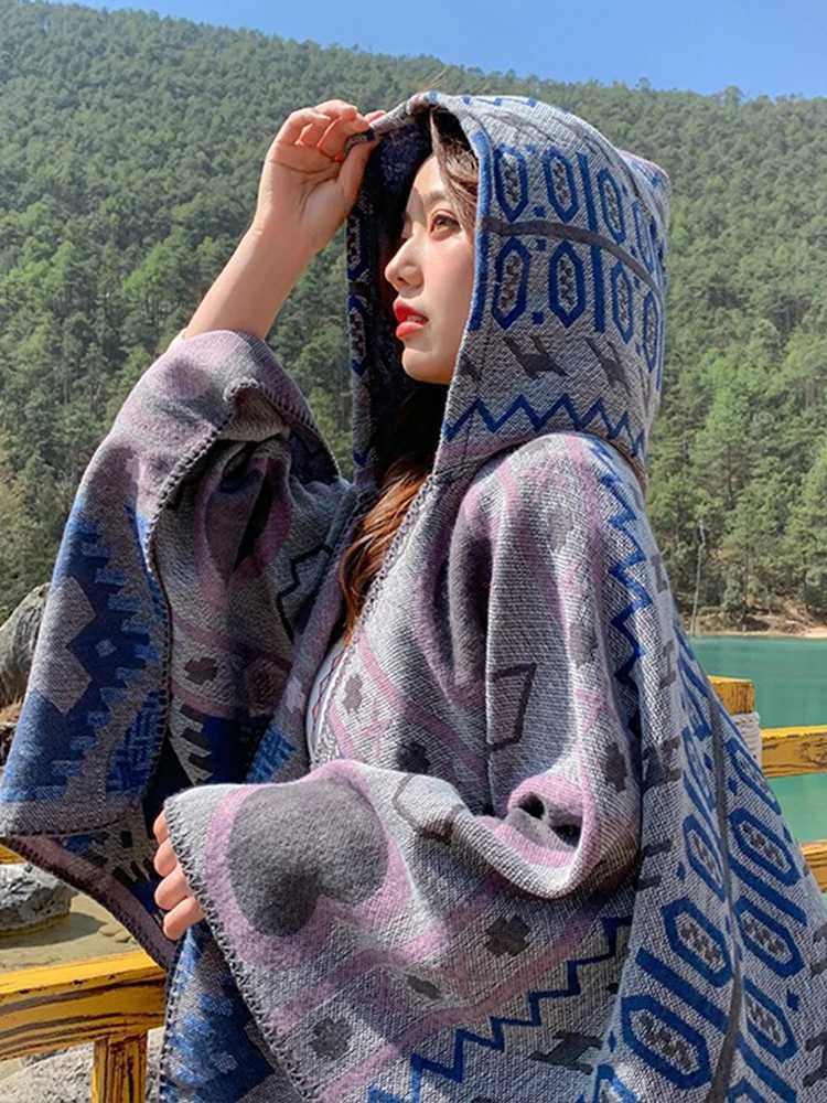 Imitation cashmere elegant womens scarf winter hooded raincoat warm womens bohemian thick packaging blanket Capa Para unprinted cashmere shawl W240810