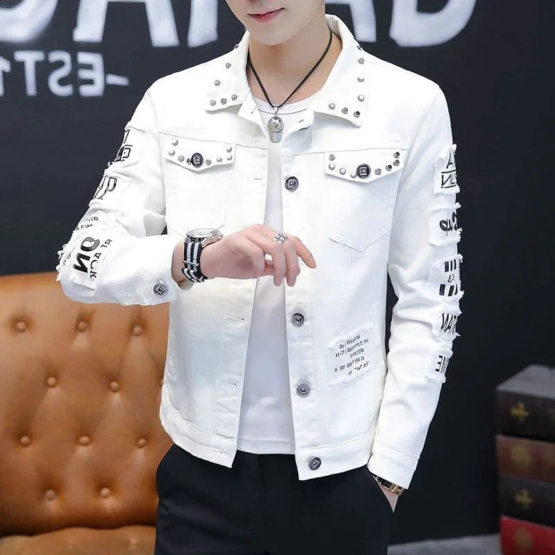 Mens denim jacket with short rivets casual ultrathin white mens Jean Coats Korea Lxury washed in the fabric Rock Joker at lowest price size L 240807