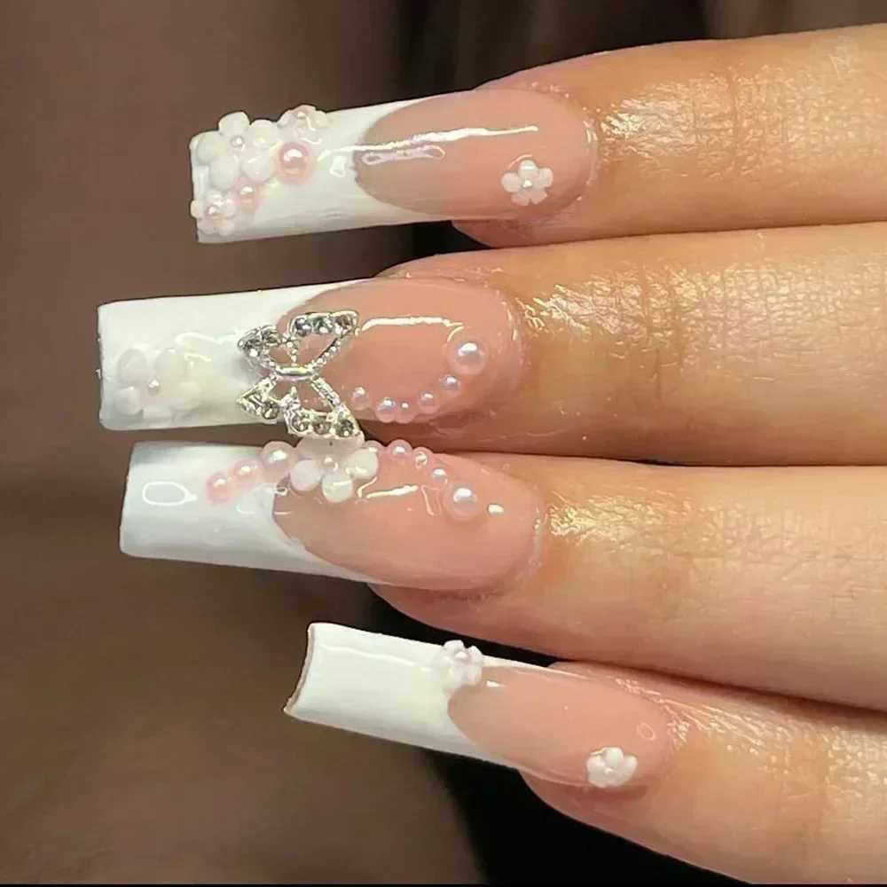 24 wearable fake nails long ballet dancer pink pressed nails with glue French full coffin fake nail tips Rhinestone W240810