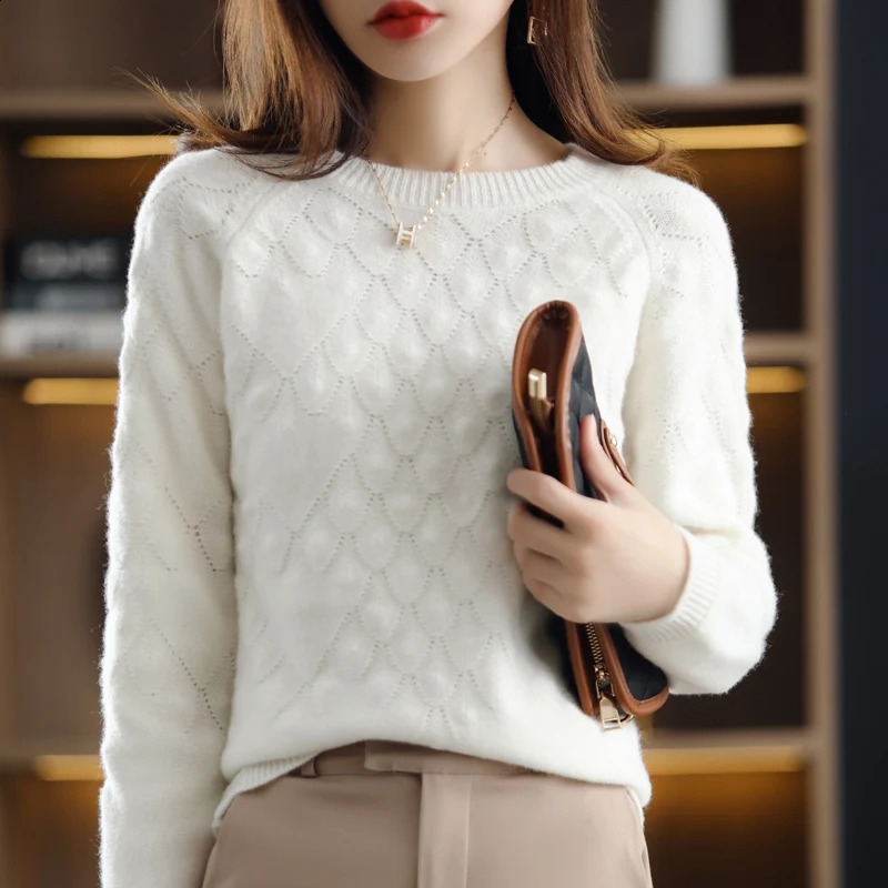 100%Pure Wool/Cashmere Sweater Women O-Neck Knit Large Size Petal Pullover Autumn Winter Thick Long-Sleeve Shirt Female 240812