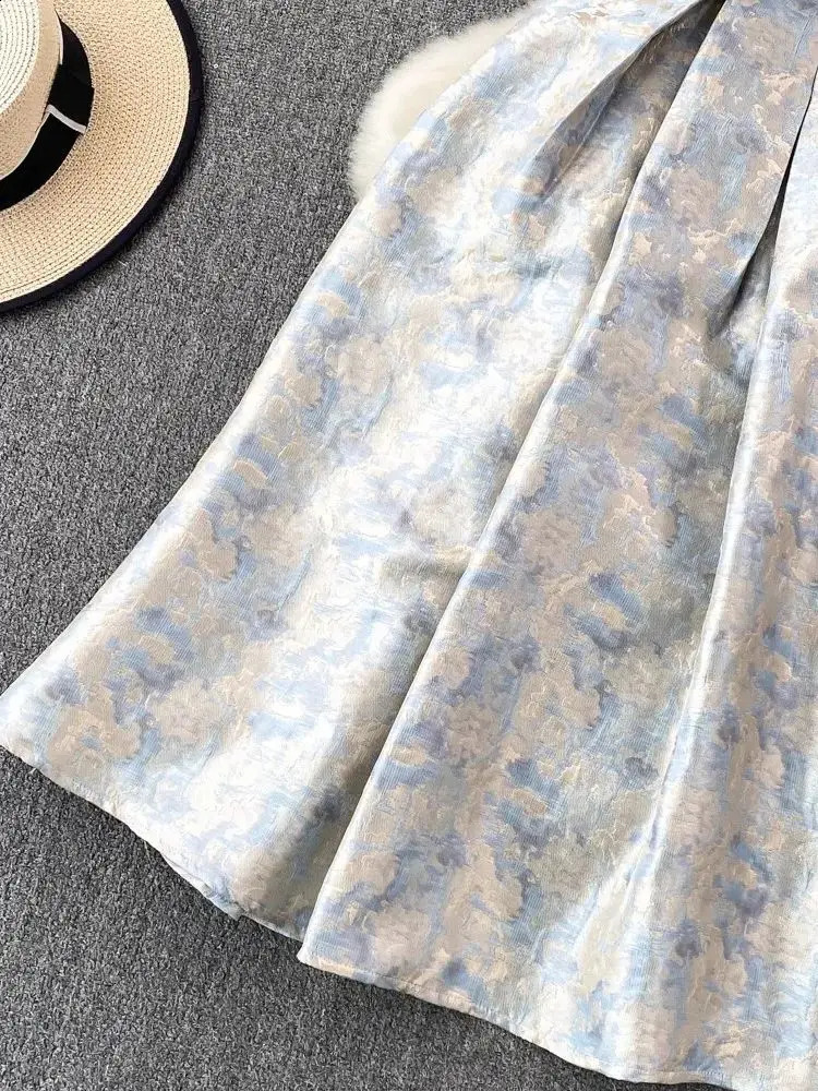 Summer Elegant Flower Jacquard Evening Party Dress Womens Sleevless Square Collar Tank Zipper Buttterfly Belt Prom Vestidos 240812