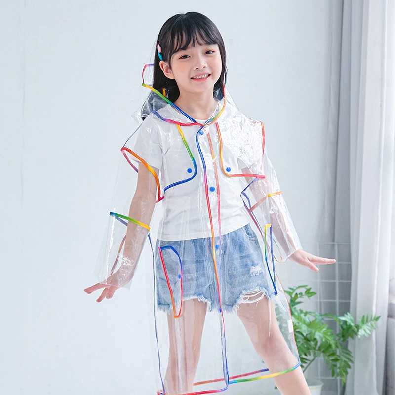 Transparent Rainbow Colorful Edge Kids Raincoat Waterproof EVA Children Windproof Rain Coat Jacket With Hood Boys Girls Poncho Y240810