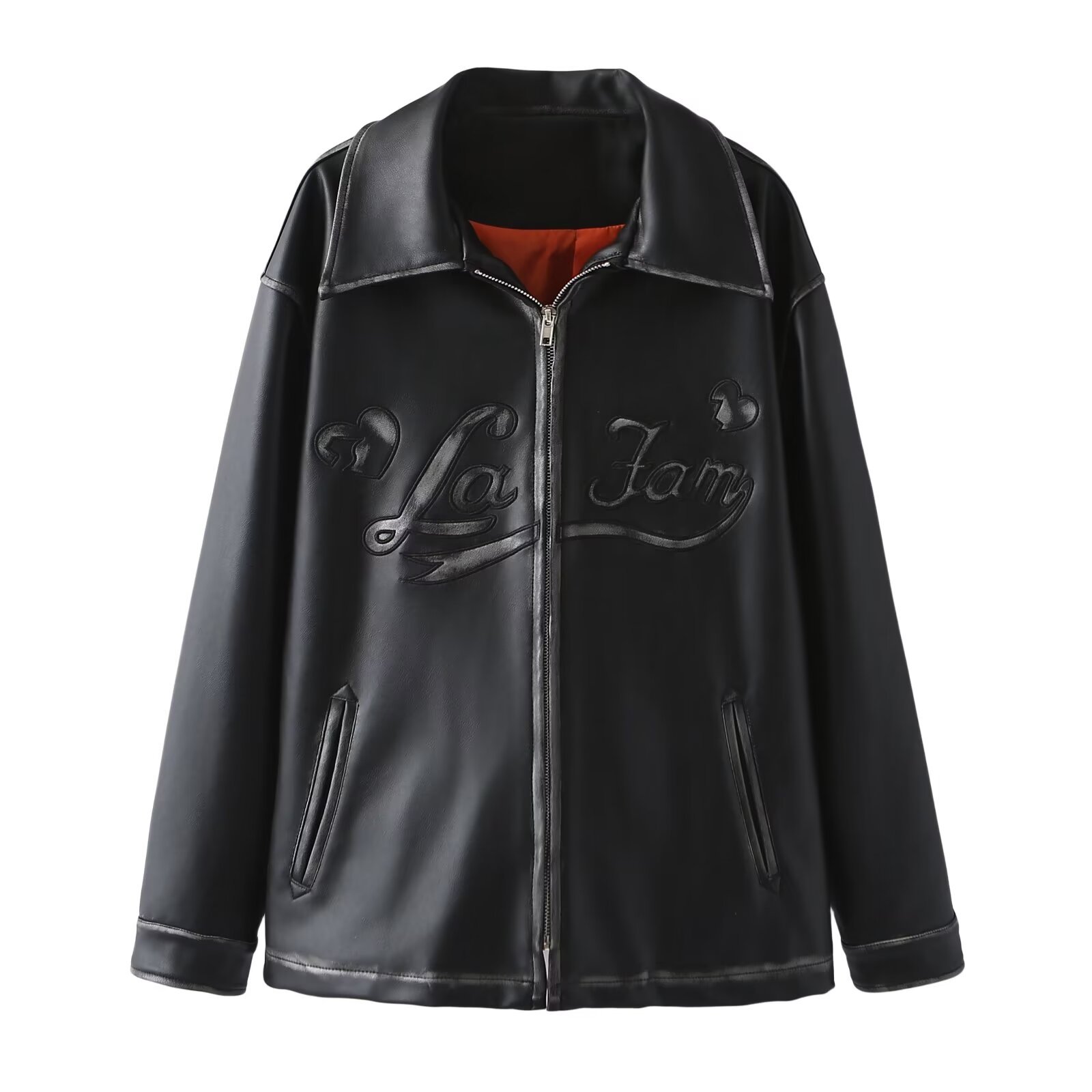 Letter Printed Lapel Leather Jacket For Women Elegant Zipper Long Sleeve Loose Coat Lady Motorcycle High Street Outerwear