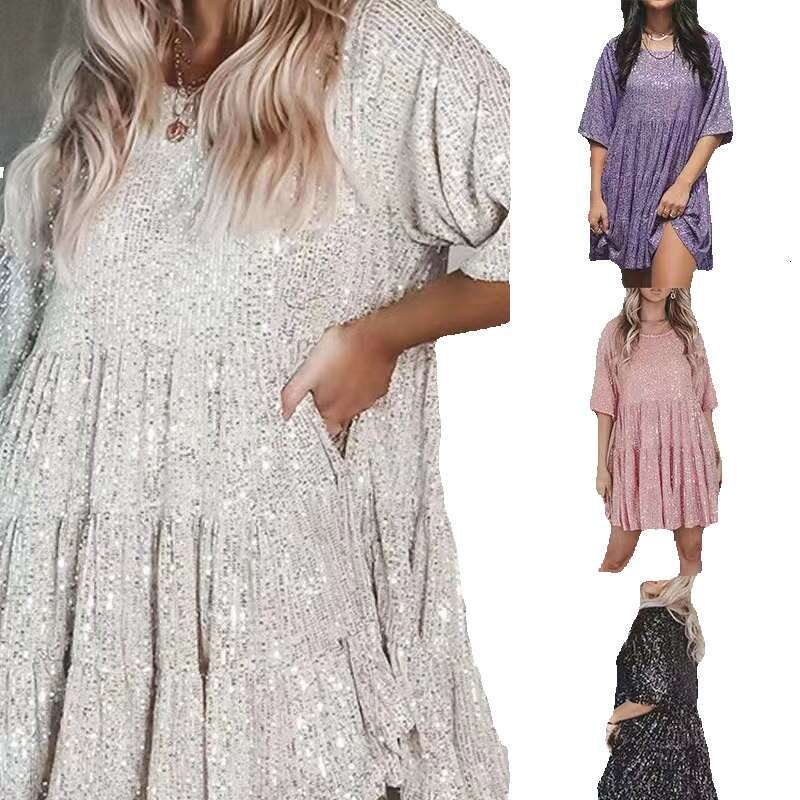 New Fashion Sequin Round Neck Loose Waist Sleeve Short Banquet Dress Waist Self-cultivation Bifurcated Novelty Temperament Lace Dress Silk Dress
