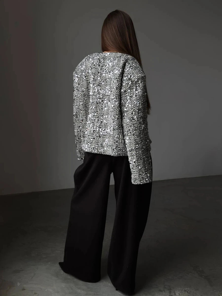 Fashion Silver Sequin Embellishment Round necked Thick Tweed Suit Coat Autumn Fashion Womens Long sleeved Casual Jacket 240812