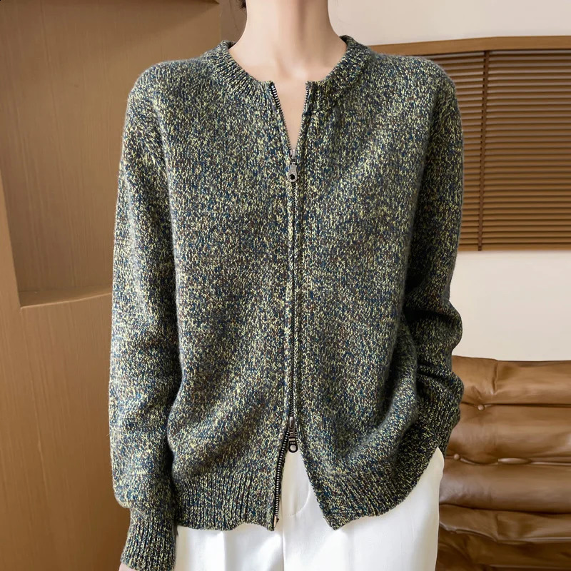 Round Neck Cardigan Womens Cashmere Knitted Jacket With Zipper Loose Long Sleeves Autumn Winter Versatile Warm CommutingTop 240812