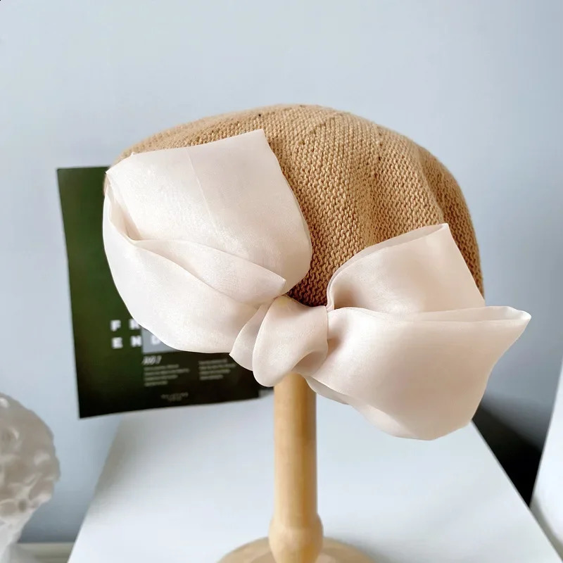 Japanese Style Big Bow Autumn Beret Cap Female Women Summer Breathable Knitted Hat Temperament Painter Hat For Girl 240805