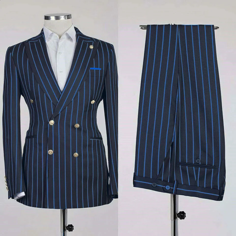 Mens Suits Stripe Business Blazer Sets 2 Pcs Male Coat with Pants Double Breasted Jacket British Style Pantsuits Customize 240812