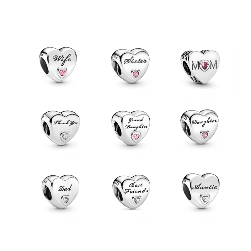 S925 Sterling Silver Loose Beads Charms Women Heart Mom Sister Daughter For PAN Fits 3mm Snake Chain Bracelets Birthday Christmas Gift DIY Making Jewelry B064