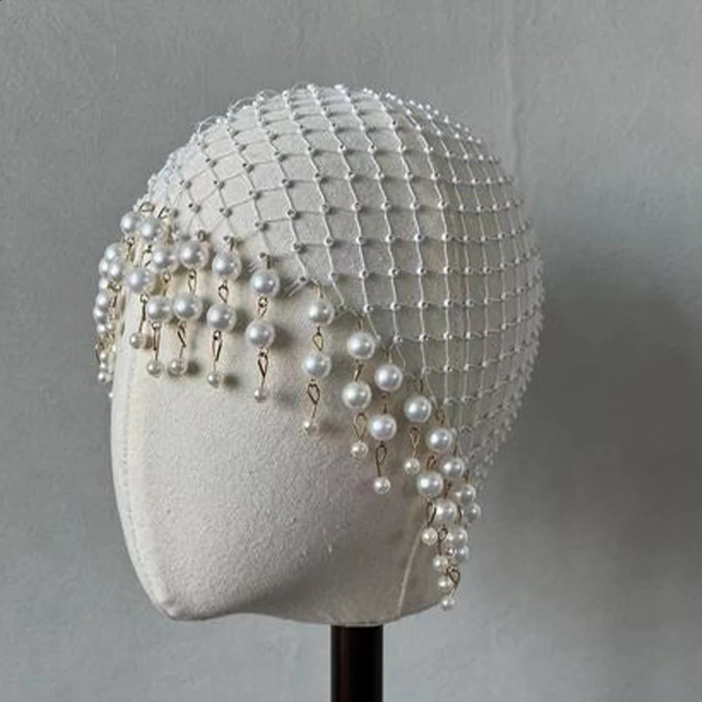 Stonefans Wedding Pearl Tassel Hair Accessories Wedding Hairband Handmade Hollowed Mesh Headpiece Head Chain Head Cap Gifts 240805