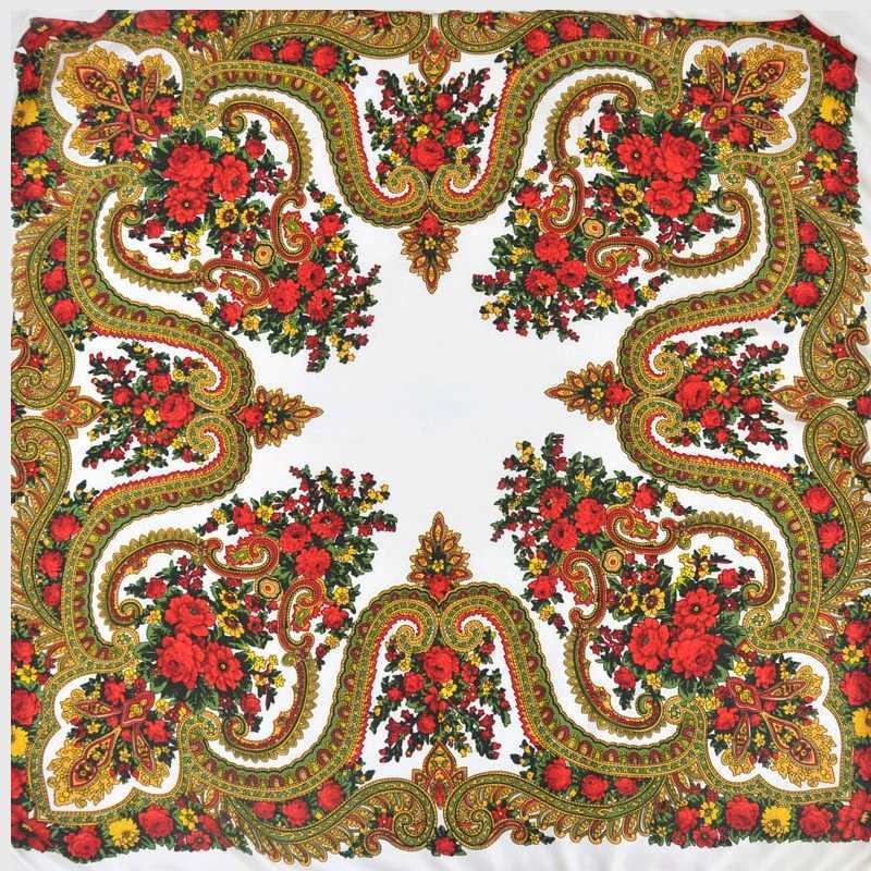 135 * 135cm Womens Square Scarf Babushka Headscarf Shawl Retro Flower Pattern National Scarf W240810