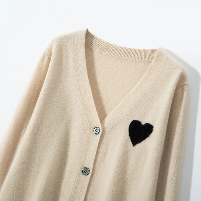 Spring Womens V-neck Cardigan Preppy Style 100% Cashmere Sweater Heart Embroidery Cashmere Knitwear Korean Clothes 240812