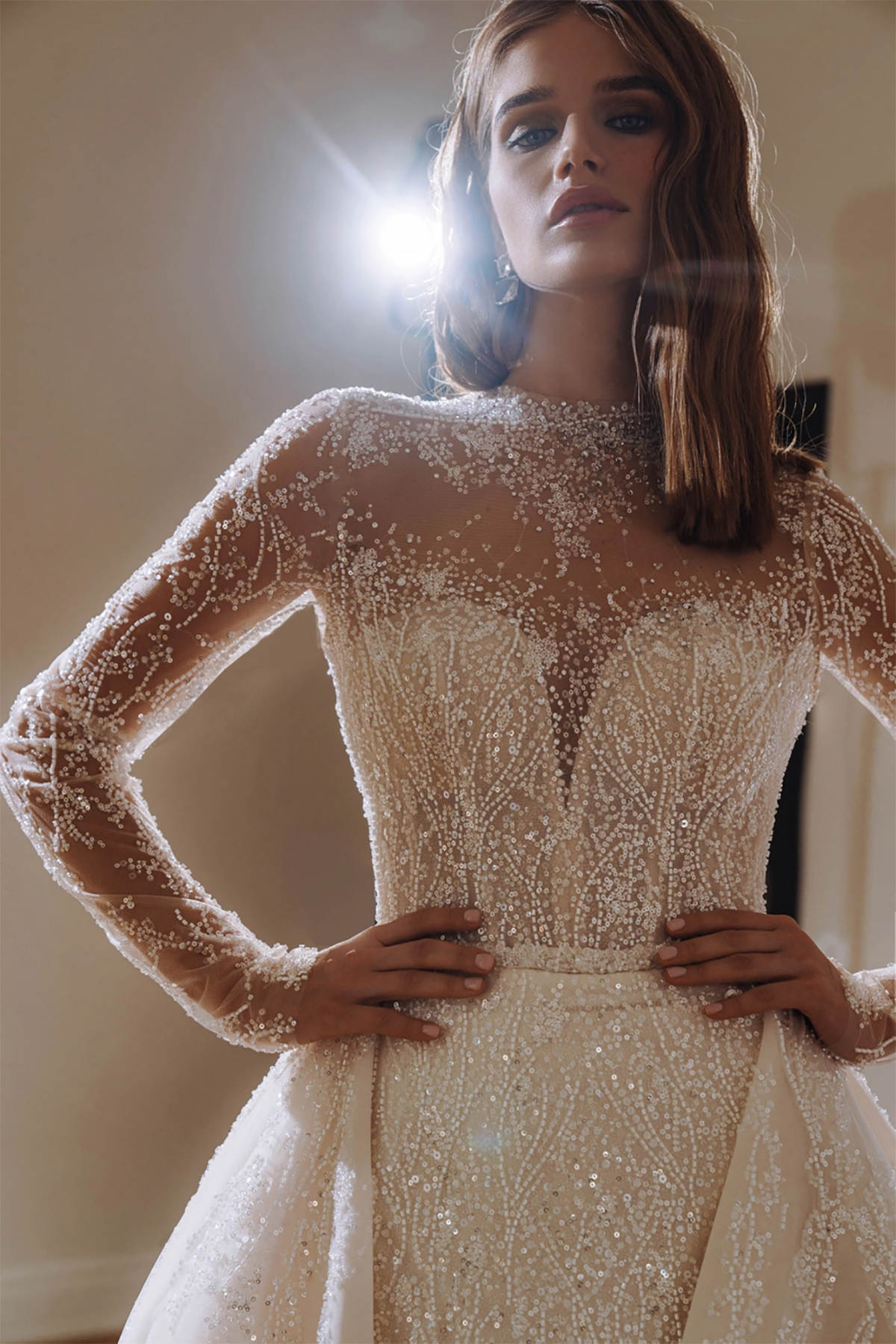 Exquisite Mermaid Wedding Dress Beaded Sequins Beading O Neck Bride Gowns Ruched Detachable Sweep Train Satin Bridal Dresses