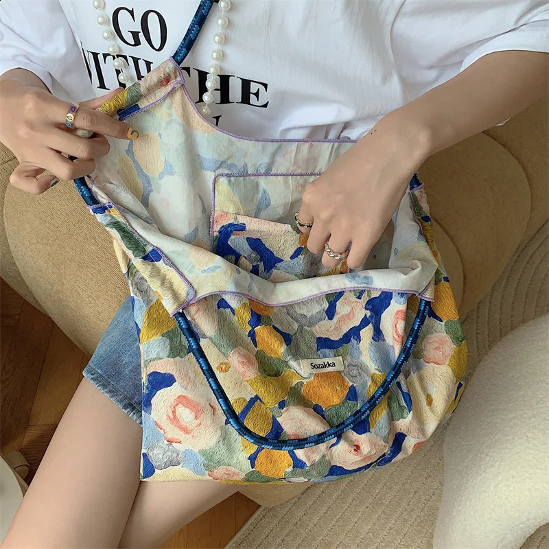 Yuda Fashionable Retro Flower Cotton Fabric Womens Shoulder Bag Large Leisure Shopping Handbag 240812