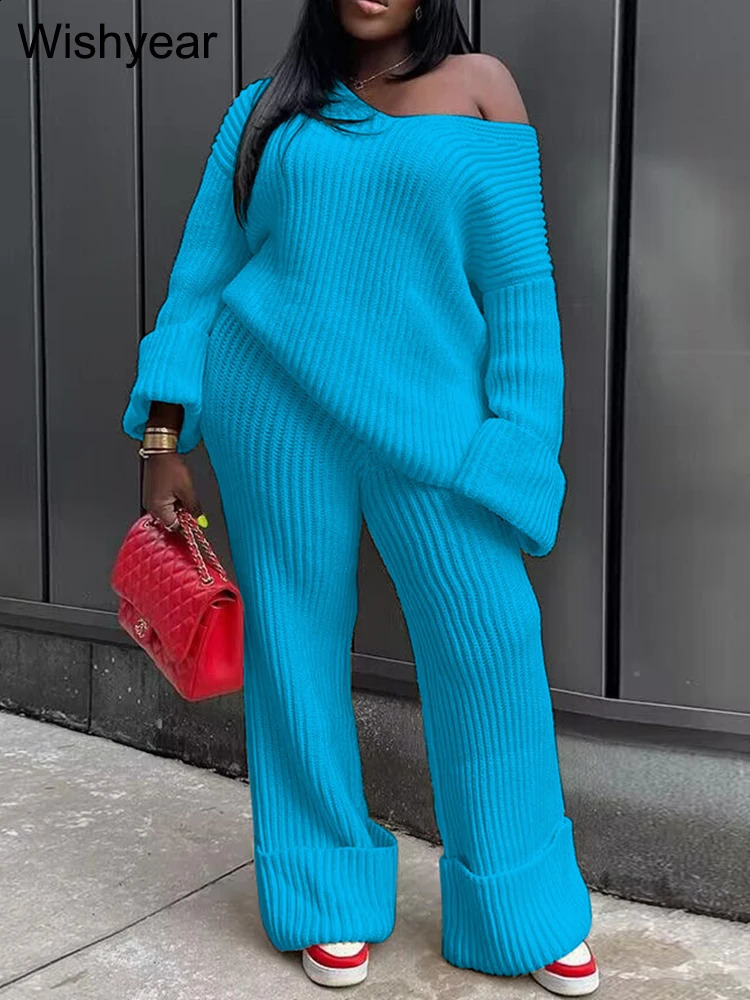 Sexy V Neck Off Shoulder Long Sleeve Sweatshirts Top Wide Leg Pants Knitted Two Piece Set Women Birthday Matching Loose Suits 240810