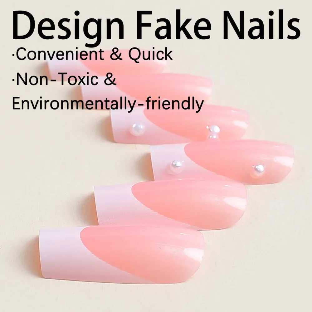 24 pieces of fake long French ballet nails set with diamonds fake nail press rhinestone artificial nails W240810
