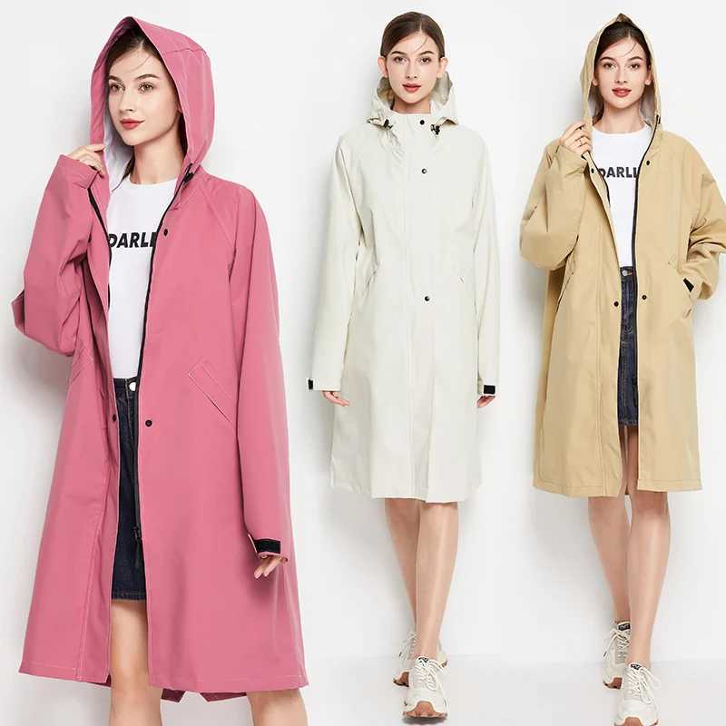 Women Stylish Long Raincoat Waterproof Rain Jacket with Hood Zipper Y240810