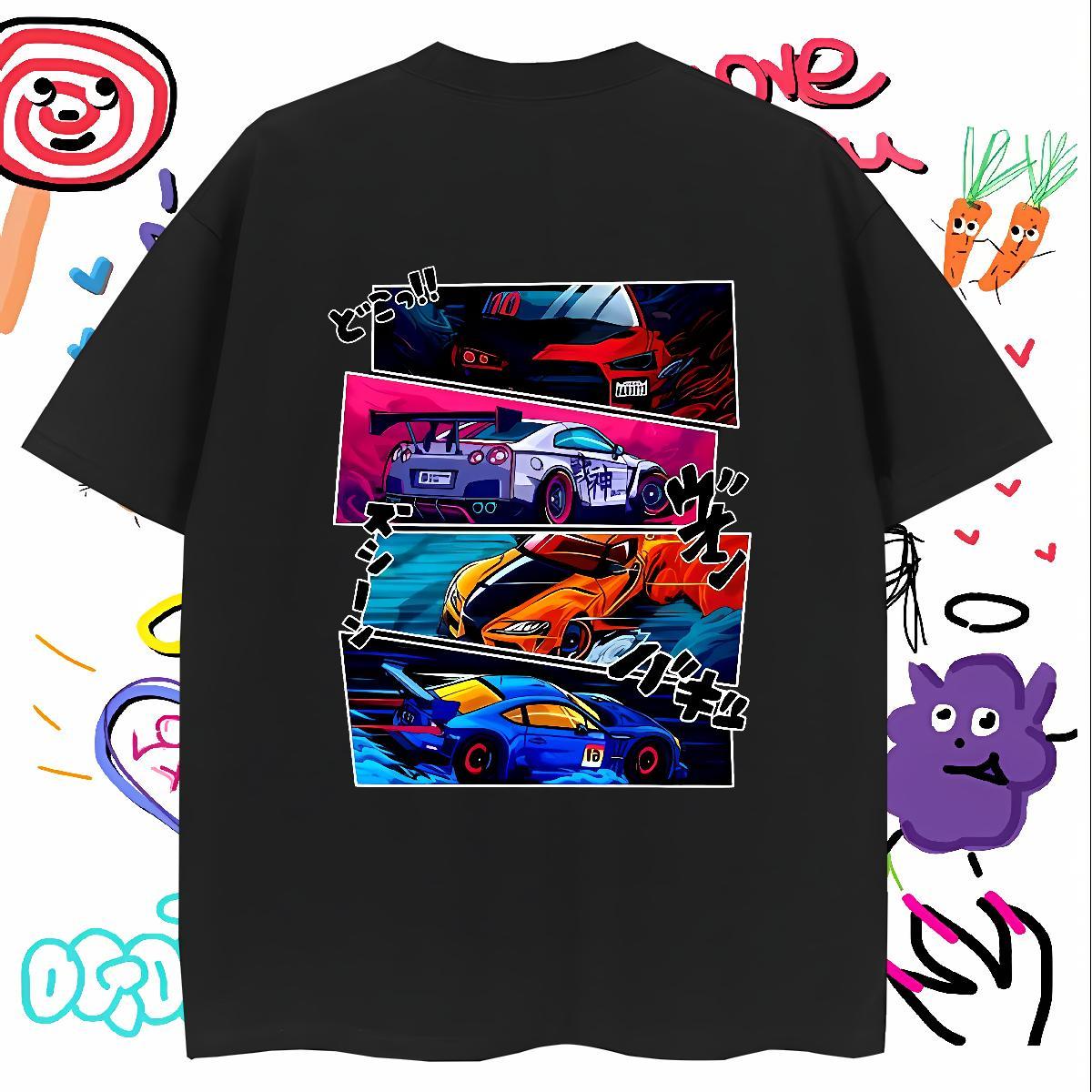 Unisex car T-Shirts for Men Anime Printing Street Tshirts 230g 100% Cotton Fashion Short Sleeve Soft Black White Top Tees