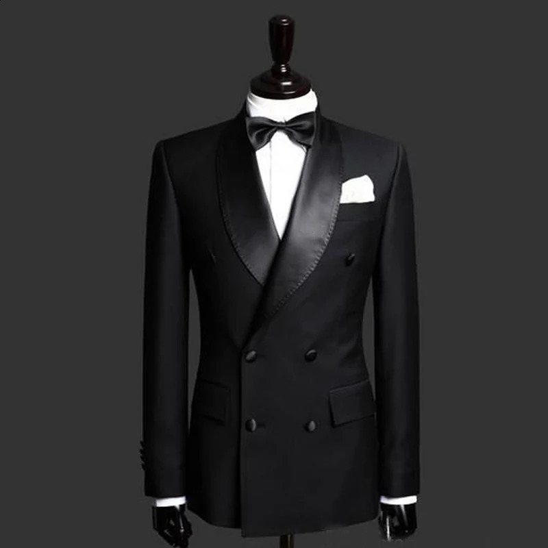 Slim Fit Men Suits with Double Breasted Black Formal Wedding Groom Tuxedos 2 Piece Business Male Fashion Set Jacket with Pants 240812