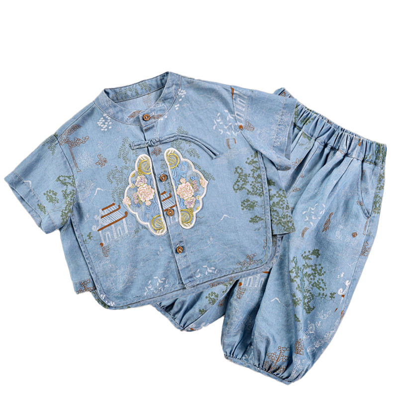 Summer children's explosive new Tencel cowboy short-sleeved suit boys and girls new Chinese Hanfu cowboy two-piece suit