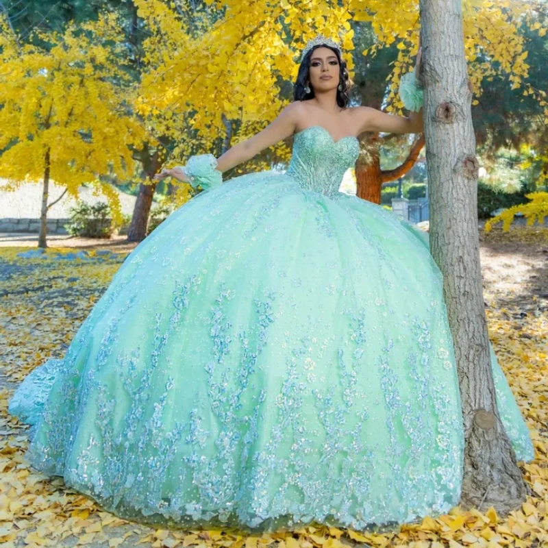 Mint Green Shiny Quinceanera Dresses Off The Shoulder Beads Crystal Tull Tiered Princess Sweet 16 Dress vestidos de 15 anos