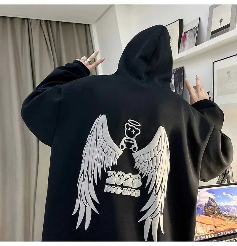 Autumn Winter Streetwear Y2K Men Hoodies Angel Wings Printed Oversized Casual Hooded Sweatshirts Male Fashion Unisex PulloversXJ240812