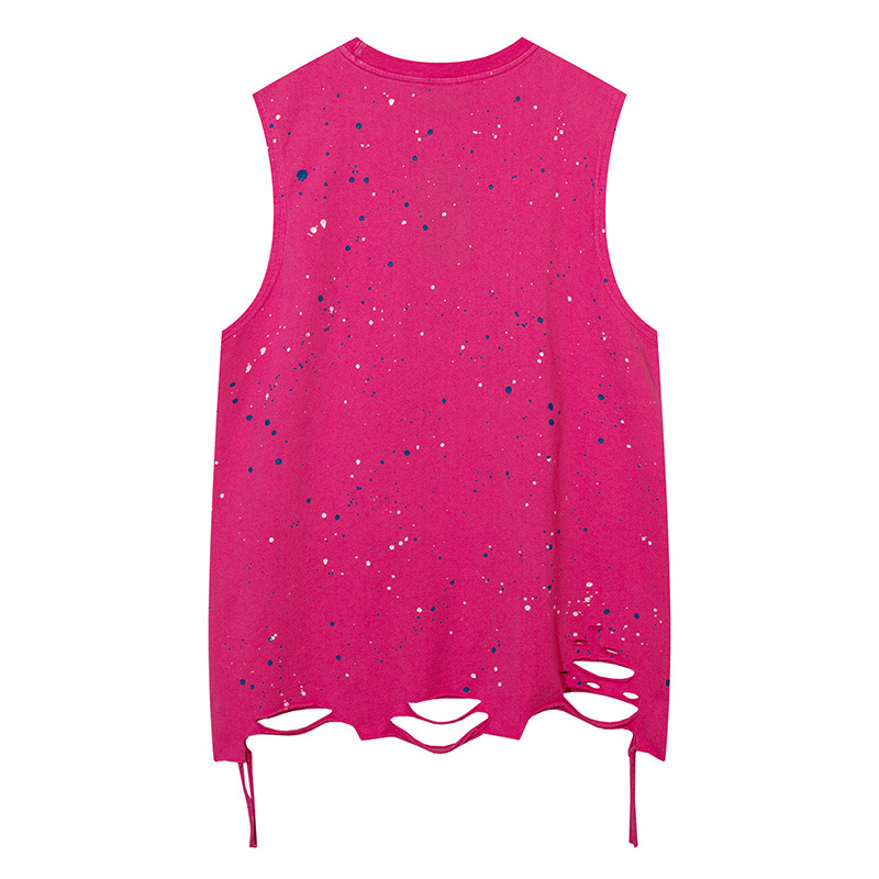 Mens Trendy Style Starry Sky Design with Splashing Ink and Chain Cut Broken Hole Bottom Abi Feng Tank Top