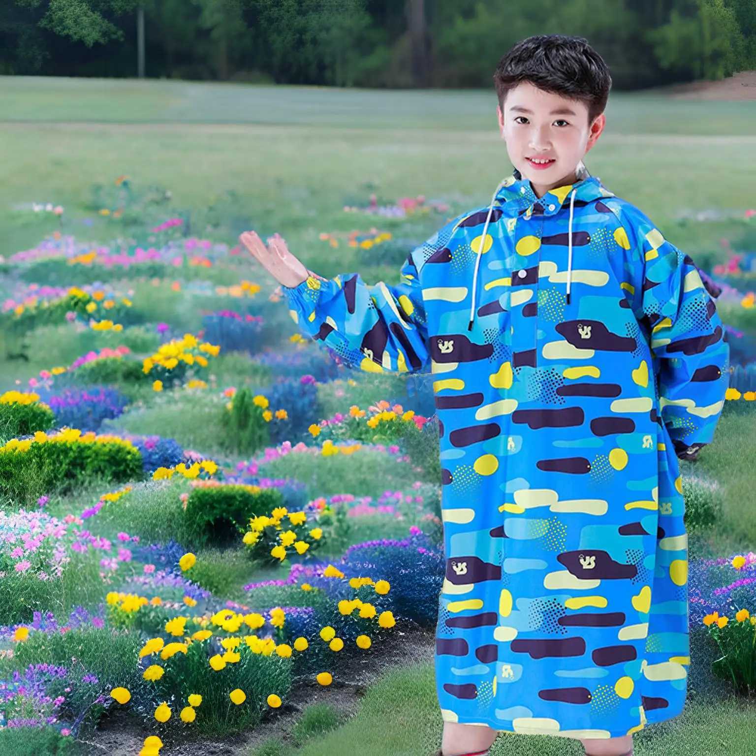 Childrens Raincoat with Schoolbag Waterproof Big Brim Boy Student Girl Child Sleeved Rain Cape Y240810