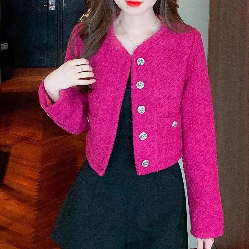 High Quality Small Fragrant Tweed Blazer Jacket for Women Pink Short O-neck Casual Coats Spring Autumn Elegant Trendy 240812